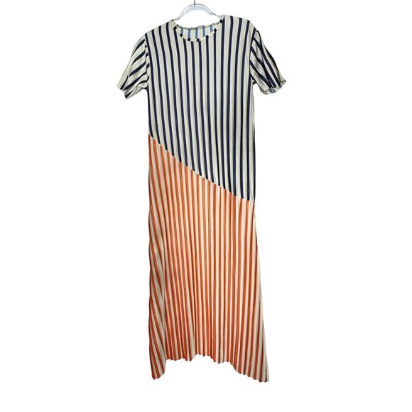 Zara A-Line Striped Midi Dress Short Sleeve Size Large Navy & Orange Retro Class - Picture 1 of 7